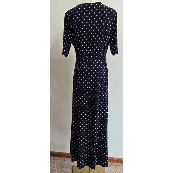 Chaus NY Women Classic Preppy Staple Navy White Polka Dot Faux Wrap Maxi Dress L - Picture 4 of 9